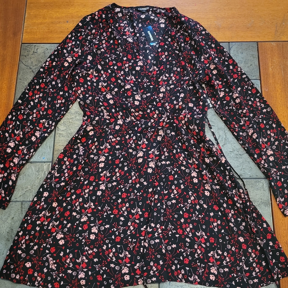 Express Black Dress with Red Floral Pattern